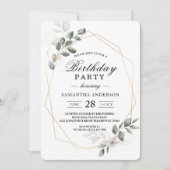 優しいグリーンの水彩の葉のフレームと花 招待状 (正面)