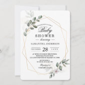 優しいグリーンの水彩の葉のフレームと花 招待状 (正面)