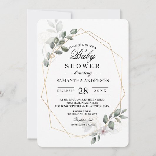 優しいグリーンの水彩の葉のフレームと花 招待状 (正面)