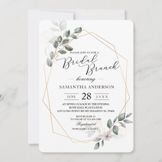 優しいグリーンの水彩の葉のフレームと花 招待状 (正面)