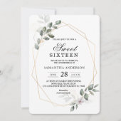 優しいグリーンの水彩の葉のフレームと花 招待状 (正面)