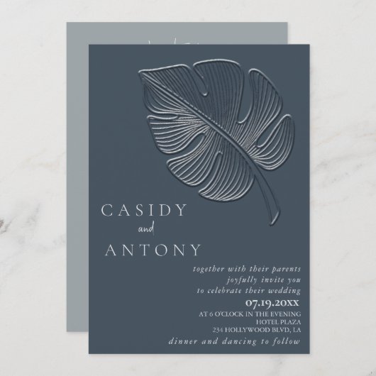 優しいシンプルなエンボス加工のトロピカルリーフが一つに 招待状 (正面/裏面)