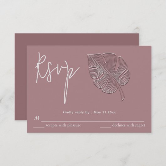 優しいシンプルなエンボス加工のトロピカルリーフの招待状 出欠カード (正面/裏面)