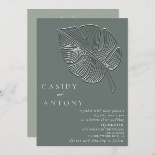 優しいシンプルエンボス熱帯性の葉をすべて1つ 招待状 (正面/裏面)