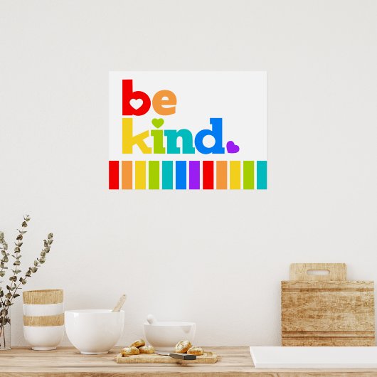 優しいハートレインボーストライプズのスローガン前向きである ポスター (キッチン)