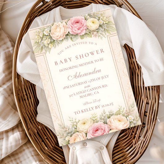 優しいバラヌンカとローズガーデンのベイビーシャワー 招待状