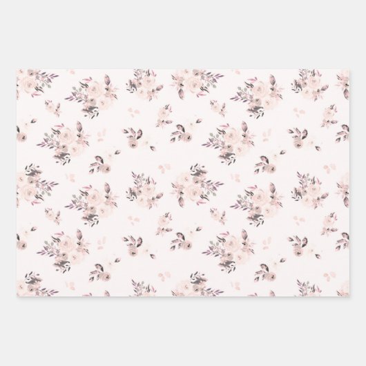 優しいピンクとクリームの水彩花とさりげないストライプ ラッピングペーパーシート (正面)