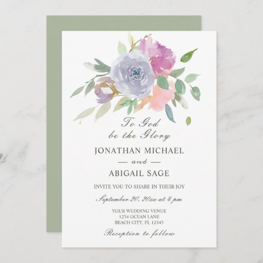 優しいピンクとパープルのシンプルな花のクリスチャン結婚式 招待状 (正面/裏面)