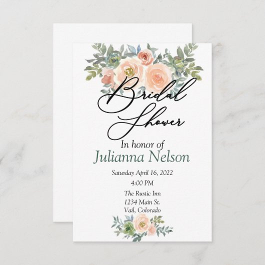 優しいピンクと緑の水彩花柄の招待状 招待状 (正面/裏面)