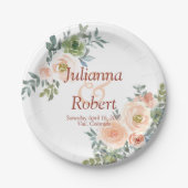 優しいピンクと緑の水彩花柄の結婚式用ペーパー ペーパープレート (正面)