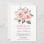 優しいピンクのバラの花 緑の装飾 ブライダルシャワー 招待状 (正面)