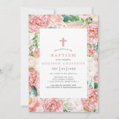 優しいピンクの水彩ペオニーとバラの花の洗礼 招待状 (正面)