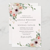 優しいピンクの水彩花のプリティーな結婚式 招待状 (正面/裏面)