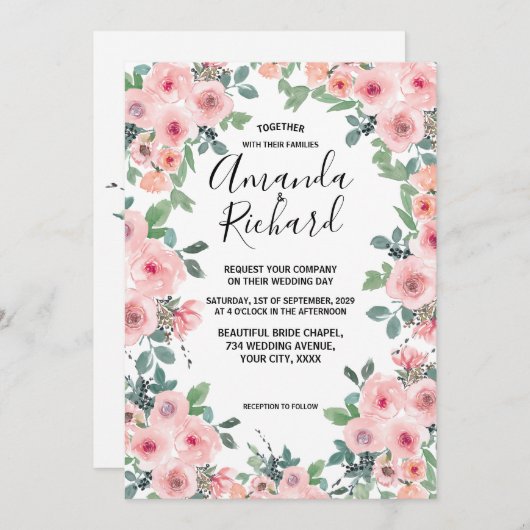 優しいピンクの水彩花の美しい結婚式 招待状 (正面/裏面)