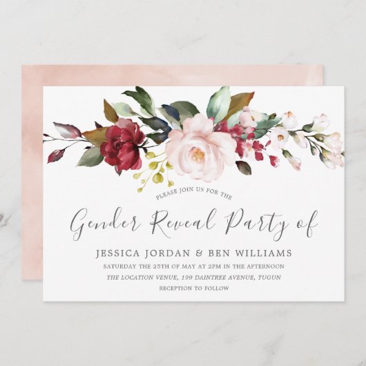 優しいピンクの水彩花　性別発表パーティー 招待状 (正面/裏面)