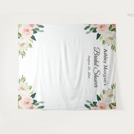 優しいピンクの花のウェディングシャワー写真用背景 タペストリー (正面(横))