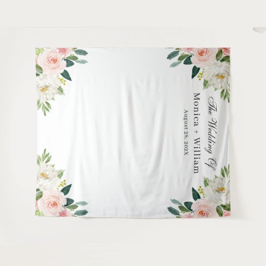 優しいピンクの花のウェディングフォトバックドロップ タペストリー (正面(横))