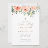 優しいピンクの花の少女　初めての聖体拝領 招待状 (正面)