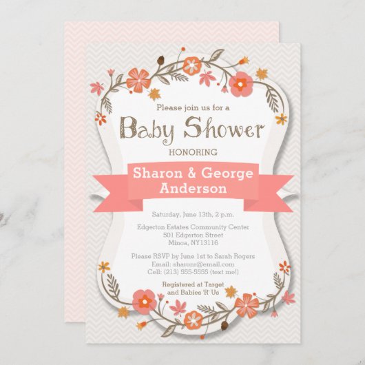 優しいフローラモダンベビーシャワー招待状 招待状 (正面/裏面)