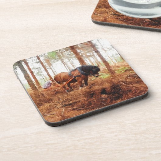 優しい巨人 – 荷車を引く森の中の馬の運搬ログ コースター (左側)