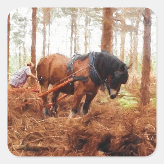 優しい巨人 – 荷車を引く森の中の馬の運搬ログ スクエアシール (正面)