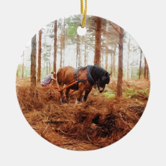 優しい巨人 – 荷車を引く森の中の馬の運搬ログ セラミックオーナメント (正面)