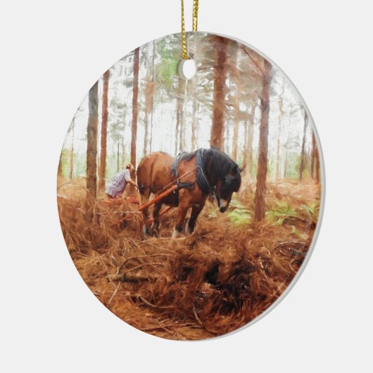 優しい巨人 – 荷車を引く森の中の馬の運搬ログ セラミックオーナメント (左)