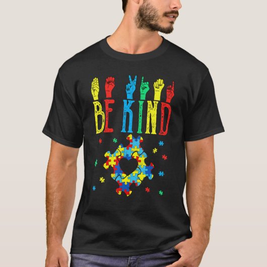 優しい手話パズル 自閉症啓発 Tシャツ (正面)