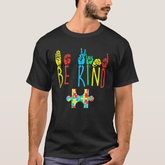 優しい手話パズル 自閉症啓発 Tシャツ (正面)