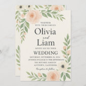 優しい桃とアイボリーの花とロマンチックなフローラ 招待状 (正面/裏面)