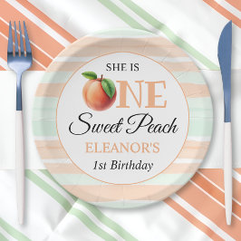 優しい桃の色　一歳の誕生日　水彩のストライプ ペーパープレート