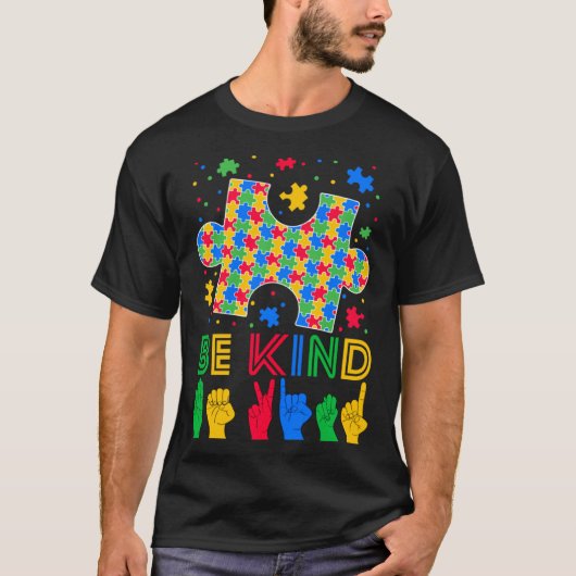 優しい気持ちを伝える手話 ASL パズル 自閉症啓発 Tシャツ (正面)