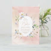 優しい水彩画の上に繊細な花々を添えた洗礼の案内 招待状 (スタンド正面)