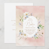 優しい水彩画の上に繊細な花々を添えた洗礼の案内 招待状 (正面/裏面)