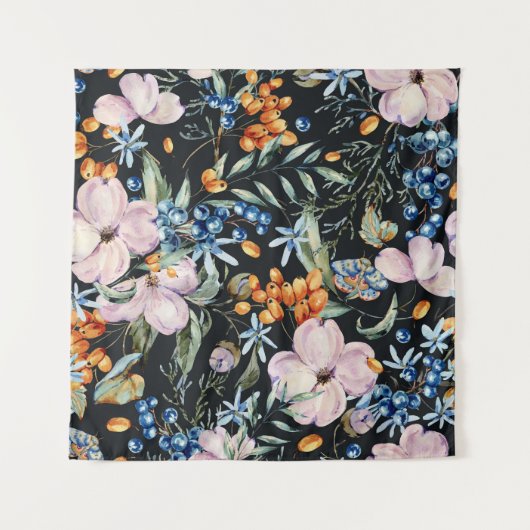 優しい水色：ピンクのフローラ果実 タペストリー (正面)