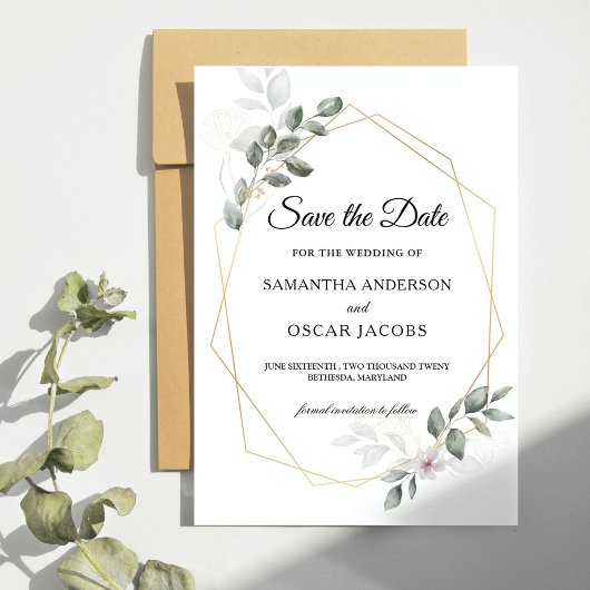 優しい緑の水の色の葉のフレーム&花 セーブザデート