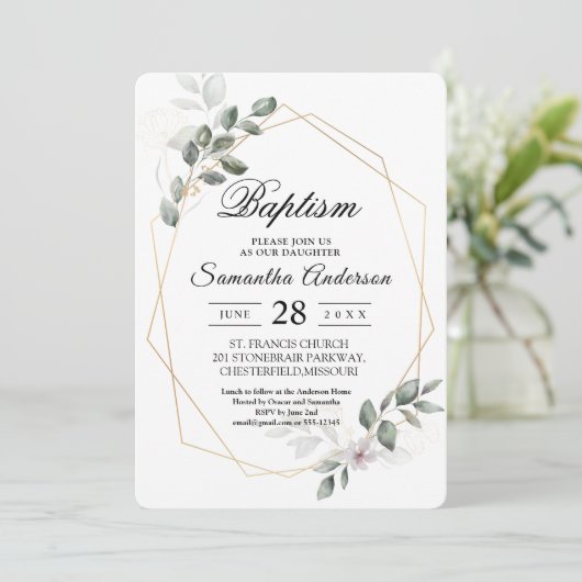 優しい緑の水の色の葉のフレーム&花 招待状 (スタンド正面)