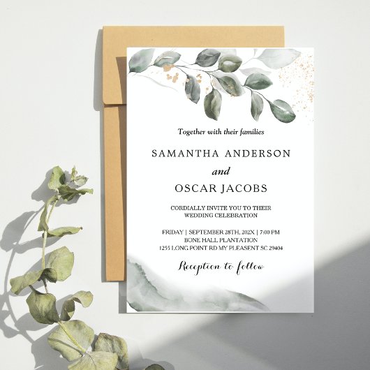 優しい緑の水彩の葉 | ゴールドダスト 招待状