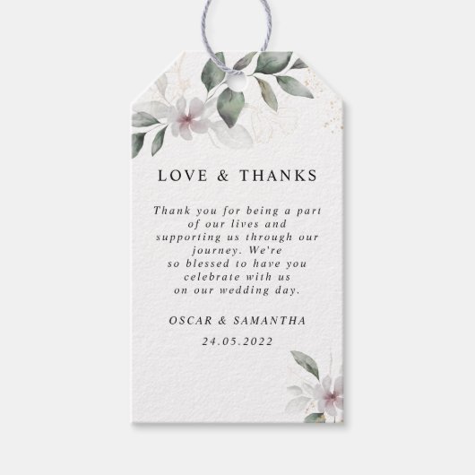 優しい緑の水彩葉と花 |金ゴールド ギフトタグ (正面)