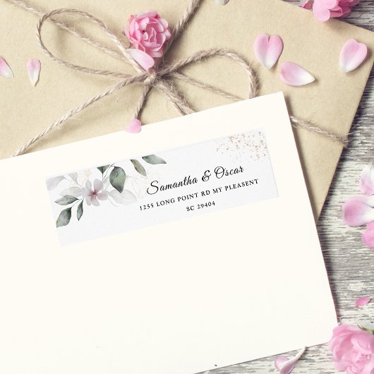 優しい緑の水彩葉と花 |金ゴールド ラベル