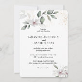 優しい緑の水彩葉と花 |金ゴールド 招待状 (正面)