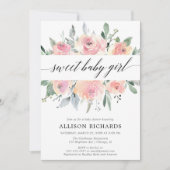 優しい色合いの花のカリグラフィー　エレガントな女の子のベビーシャワー 招待状 (正面)
