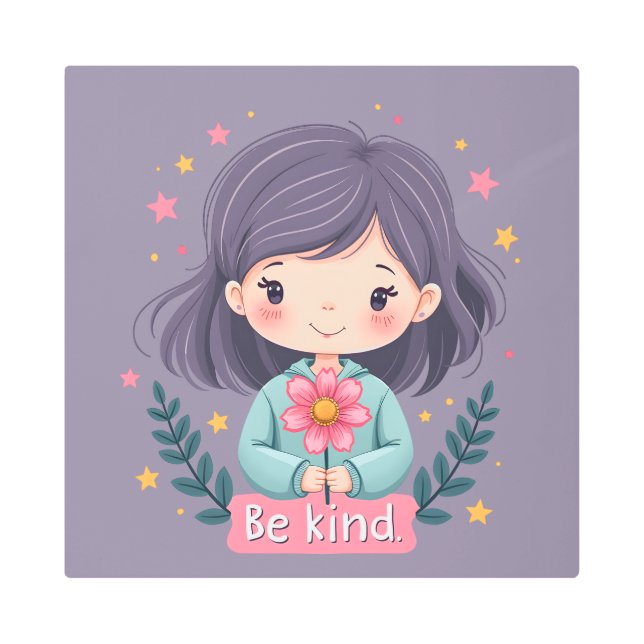 優しい花の女の子前向き メタルプリント (正面)