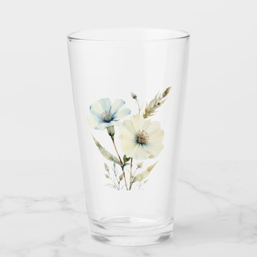 優しい花びら：ソフトブルーとクリーム色の花 タンブラーグラス (正面)
