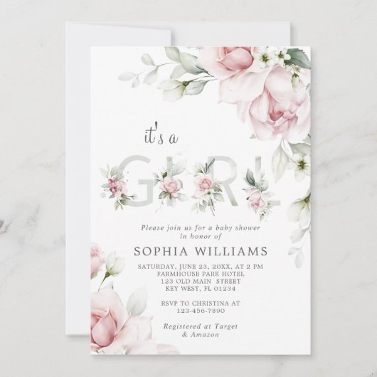 優しい赤面ピンクのバラ女の子の赤ちゃんシャワー 招待状 (正面)