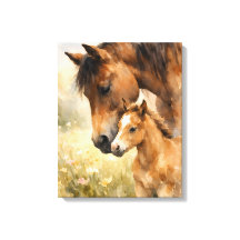 優しきまなざしの元、馬と子馬 水彩画