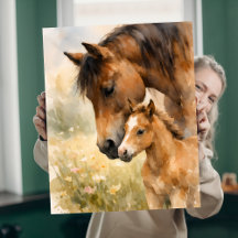 優しきまなざしの元、馬と子馬 水彩画