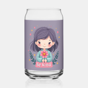 優しくかわいい花の女の子前向き ガラス缶