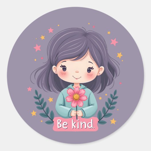 優しくかわいい花の女の子前向き ラウンドシール (正面)