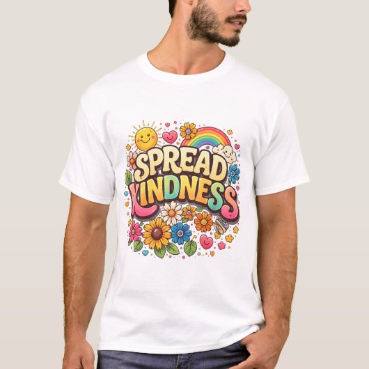 優しさを広げよう - かわいい花と虹 Tシャツ (正面)